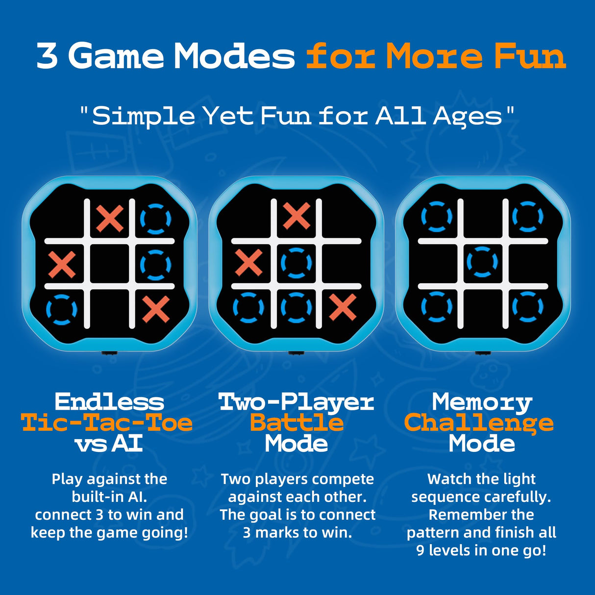 3 in 1 Electronic Tic Tac Toe Game, Handheld Digital Tic Tac Toe Bolt Game with Silent Mode, Portable Learning Toy Gift for Kids & Adults, Blue (One Pack)