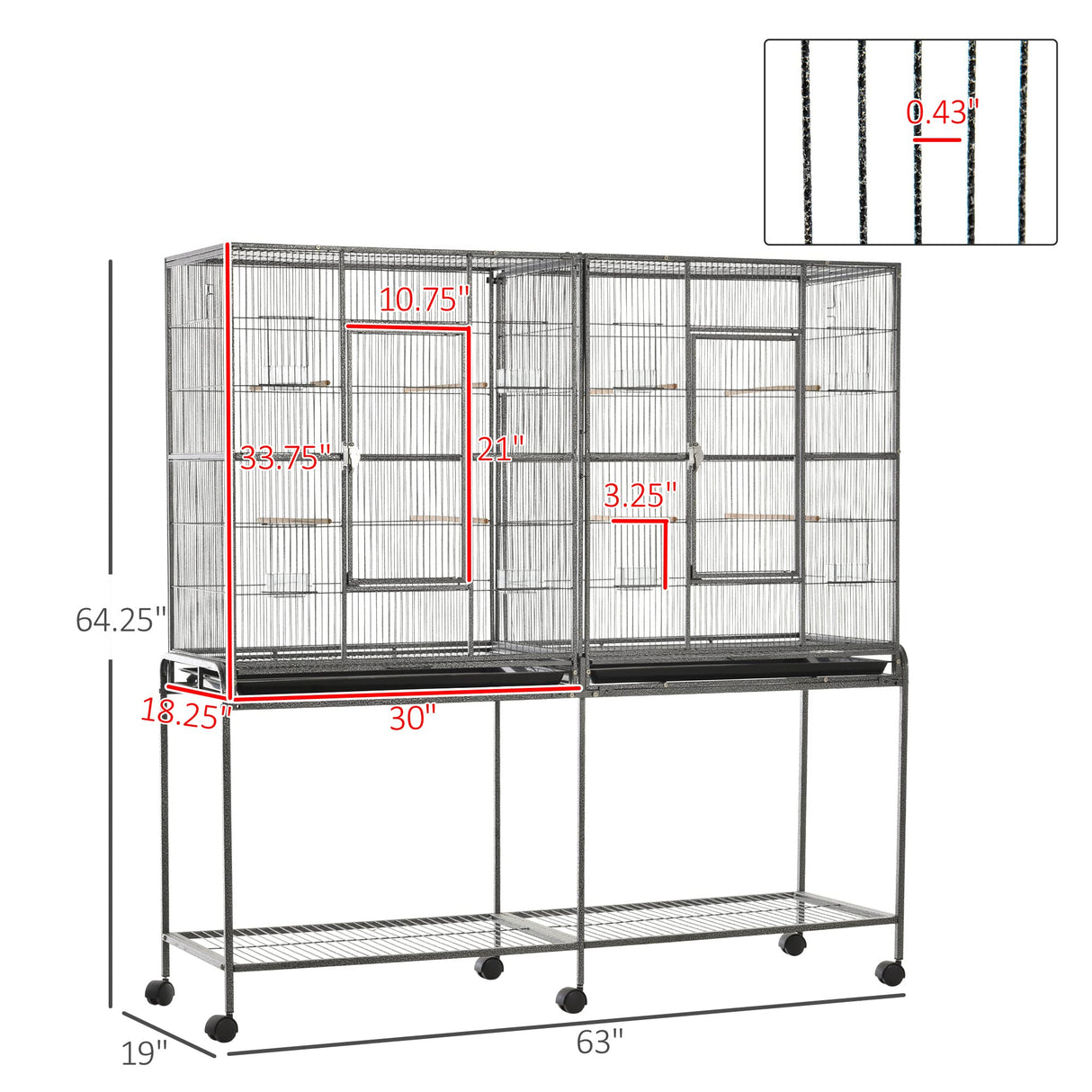PawHut 65" Double Rolling Metal Bird Cage with Divider, Large Parrot Cage for Parakeet, Canaries, Lovebirds, Budgie, Finch, with Detachable Rolling Stand, Storage Shelf, Wood Perch & Food Container