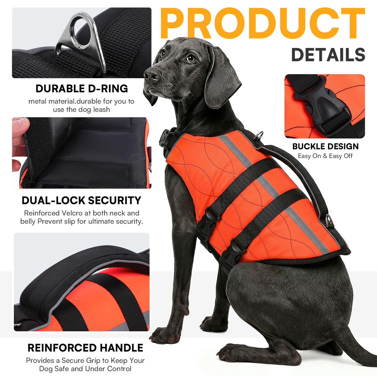 Queenmore Extra Large Dog Life Vest for Swimming Boating,Adjustable Ripstop Dog Life Vest for Large Dogs,Dogs Lifesaver with Rescue Handle, Doggie Swimming Vest for Big Pets,Orange,XL