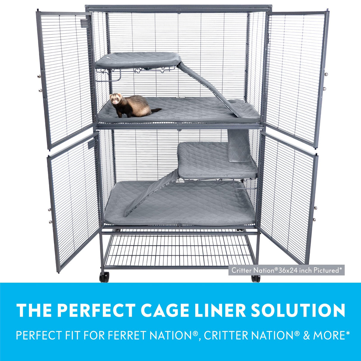 Paw Inspired Fitted Fleece Liners for Ferret Nation, Critter Nation Cage for Ferrets, Rats, Chinchillas, Hedgehogs & Other Small Animals (Gray, Double Unit Set)
