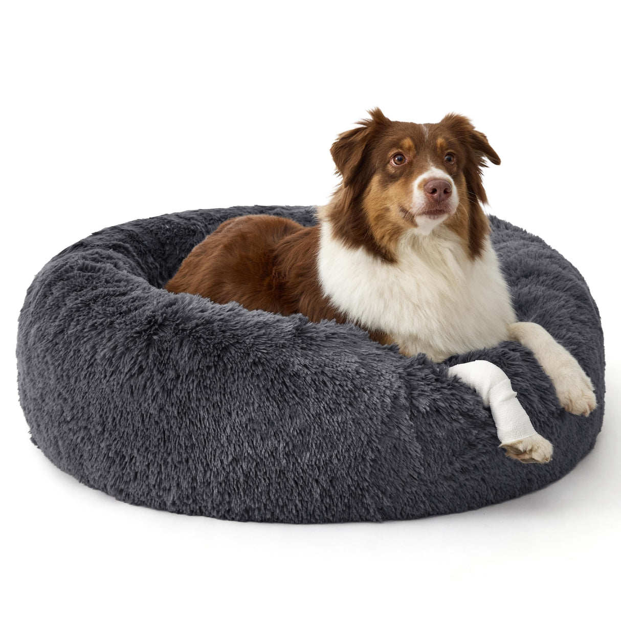Bedsure Calming Dog Beds Large Sized Dog - 36in Donut Washable Large Pet Bed,Anti-Slip &Removable Cover,420GSM Round Anti-Anxiety Fluffy Plush Faux Fur Bed, Fits up to 80 lbs Pets,Plus Version