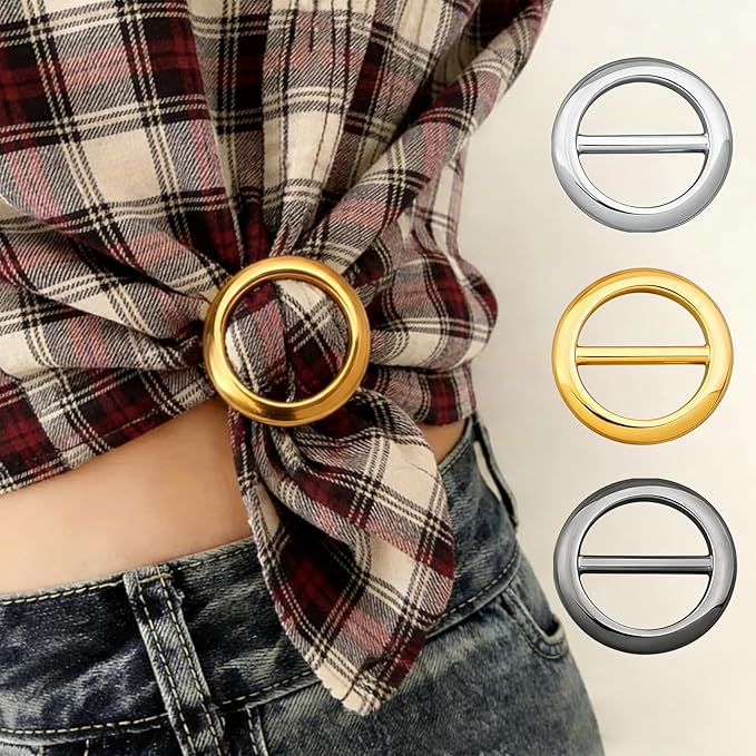 4 Pack Scarf Ring Clips for Women, Metal Round Circle Buckle for Silk Scarves & T-Shirt Ties, Fashion Accessories Clothing Corner Knot Holder, Shawl Wrap Clasp (2 Silver, 1 Gold, 1 Black)