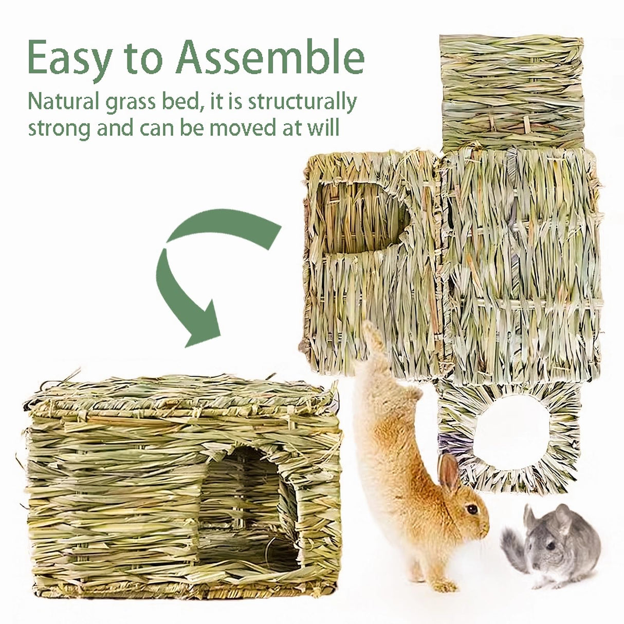 WUWEOT 2 Pack Large Grass Bunny House, Foldable Rabbit Hut, Play Hideaway Bed Hay Mat Chew Toy for Rabbit, Guinea Pigs, Gerbils, Hamster and Small Animals, 11"x8"x8"