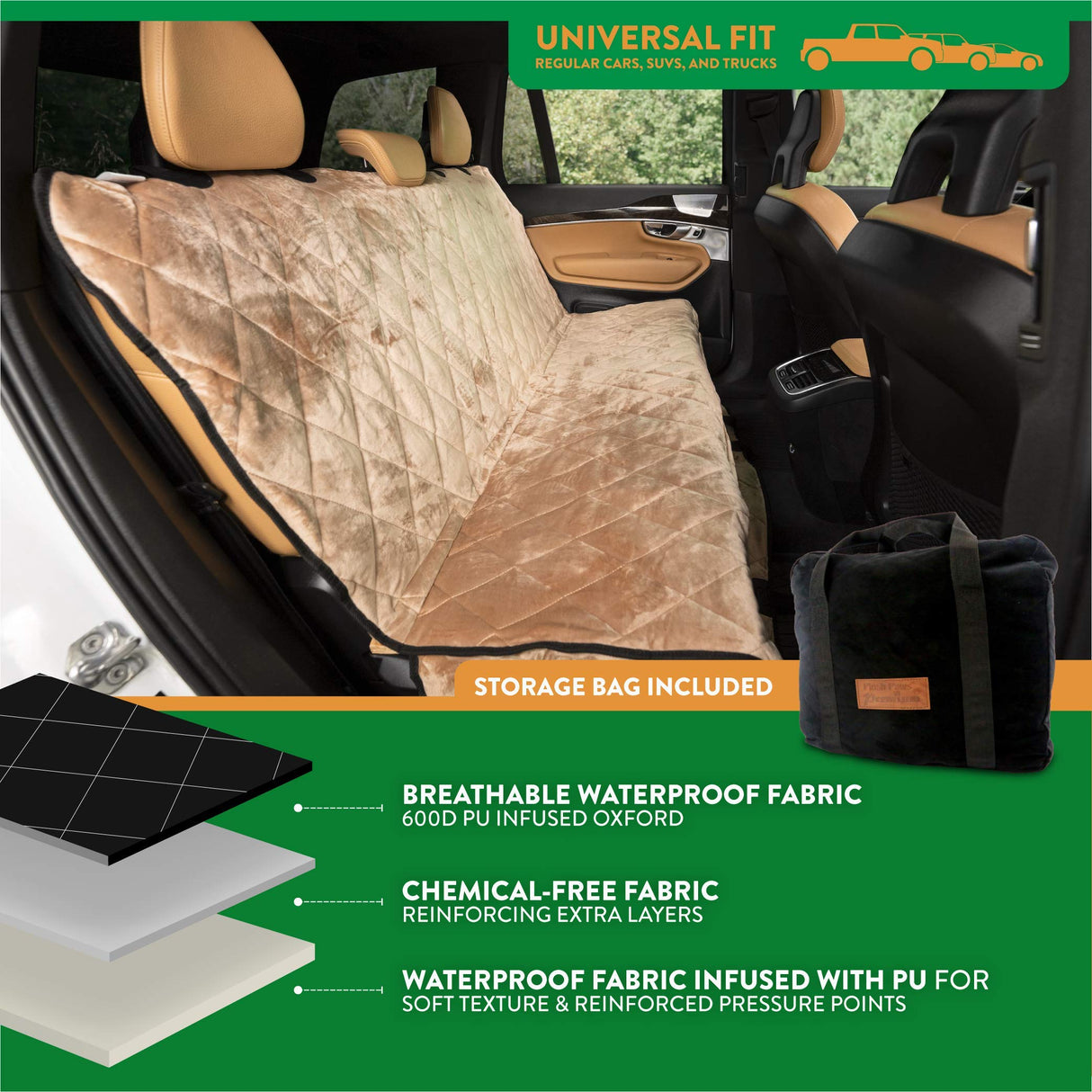 Plush Paws Products Velvet Rear Car Seat Protector w/o Hammock | Washable & Waterproof Back Seat Dog Cover for Car, Truck, & SUV | Nonslip, Tear Resistant Pet Seat Cover | Regular Desert Sand