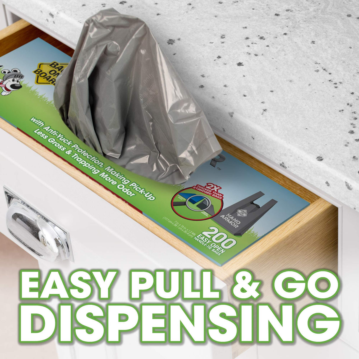 Bags on Board Dog Poop Bags - Extra Thick Waste Pickup Bags with Easy Tie Handles - Easy Dispensing Drawer Pack - 200 Count