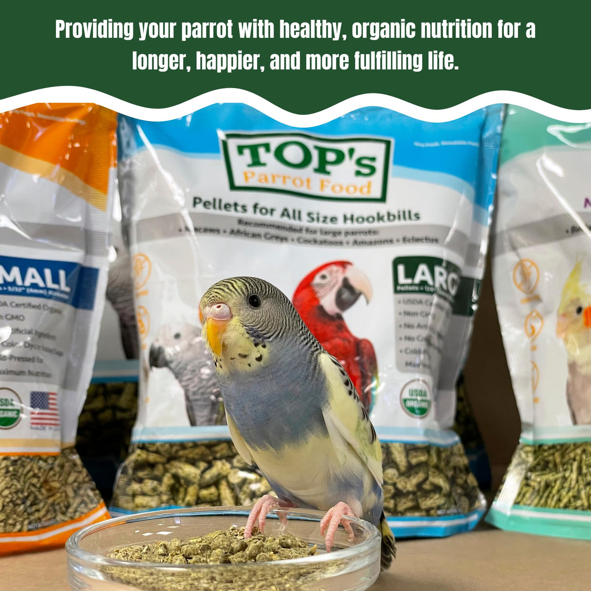 TOP's Parrot Food Bird Pellets for Small Hookbills - Non-GMO, Peanut Soy & Corn Free, USDA Organic Certified (1lb)