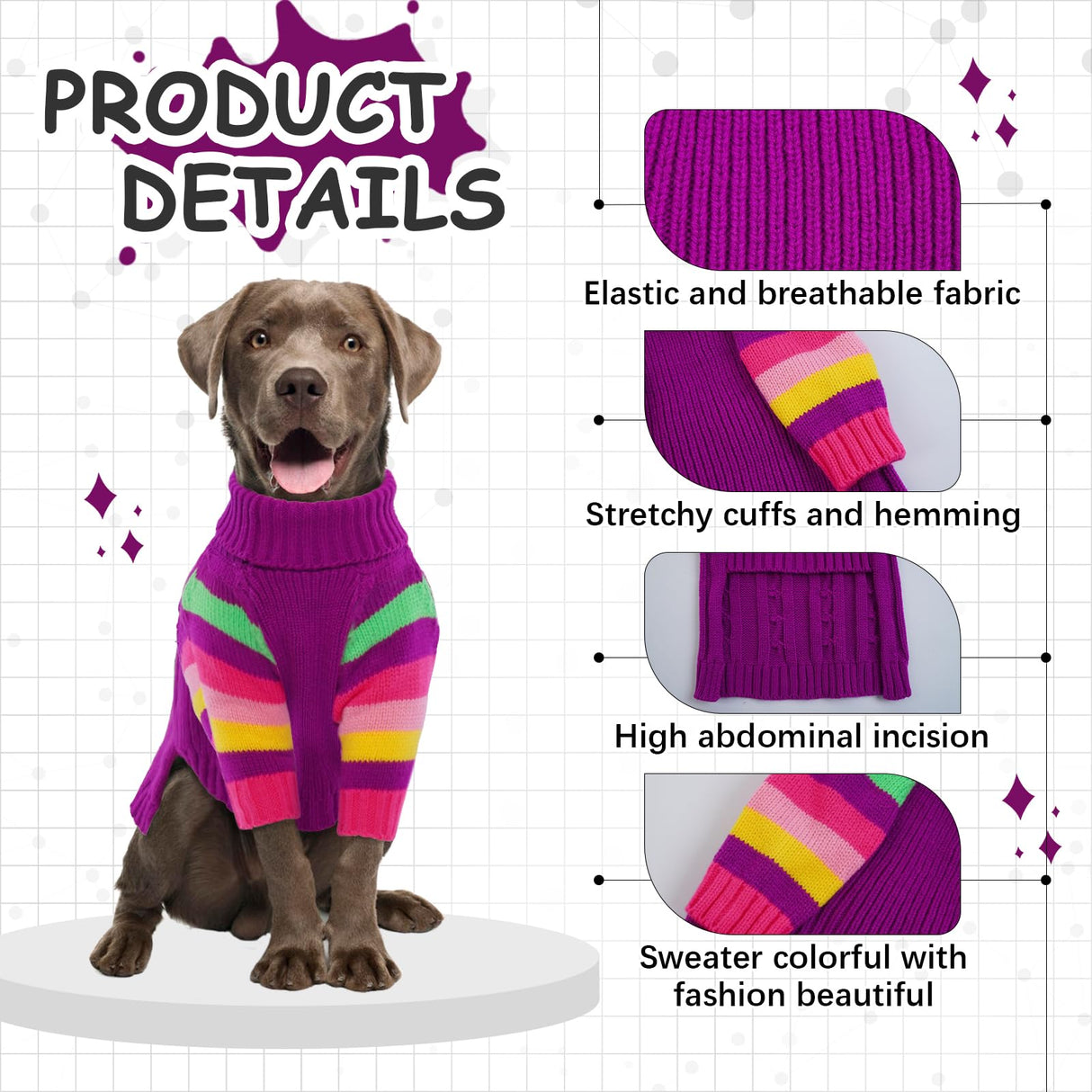 OUOBOB Dog Sweater Thick, Sweaters for Large Size Dogs Comfy, Stretchy Pullover Dog Sweater for Large Doggie, Christmas Dogs Sweaters Unisex, Warm Pet Knitwear Boston Terrier, Frenchie (Purple L)