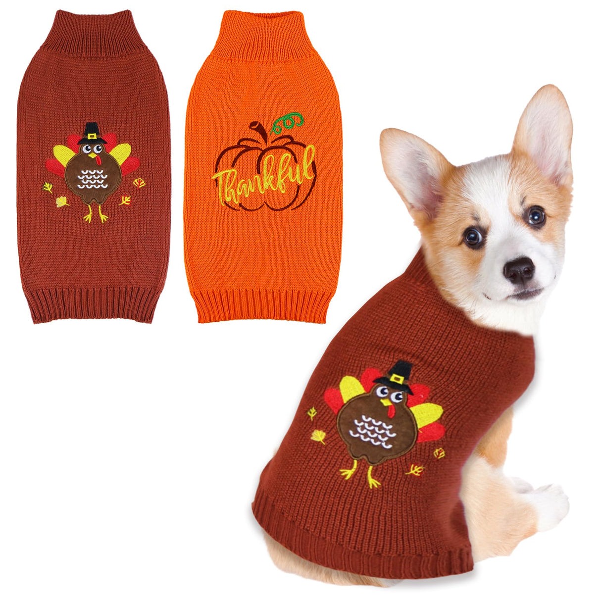 GOYOSWA 2 Pack Dog Thanksgiving Sweater, Knitted Thanksgiving Fall Holiday Dog Sweater Outfit Clothes for Small Medium Large Dogs Pets (Brown & Orange, Small)