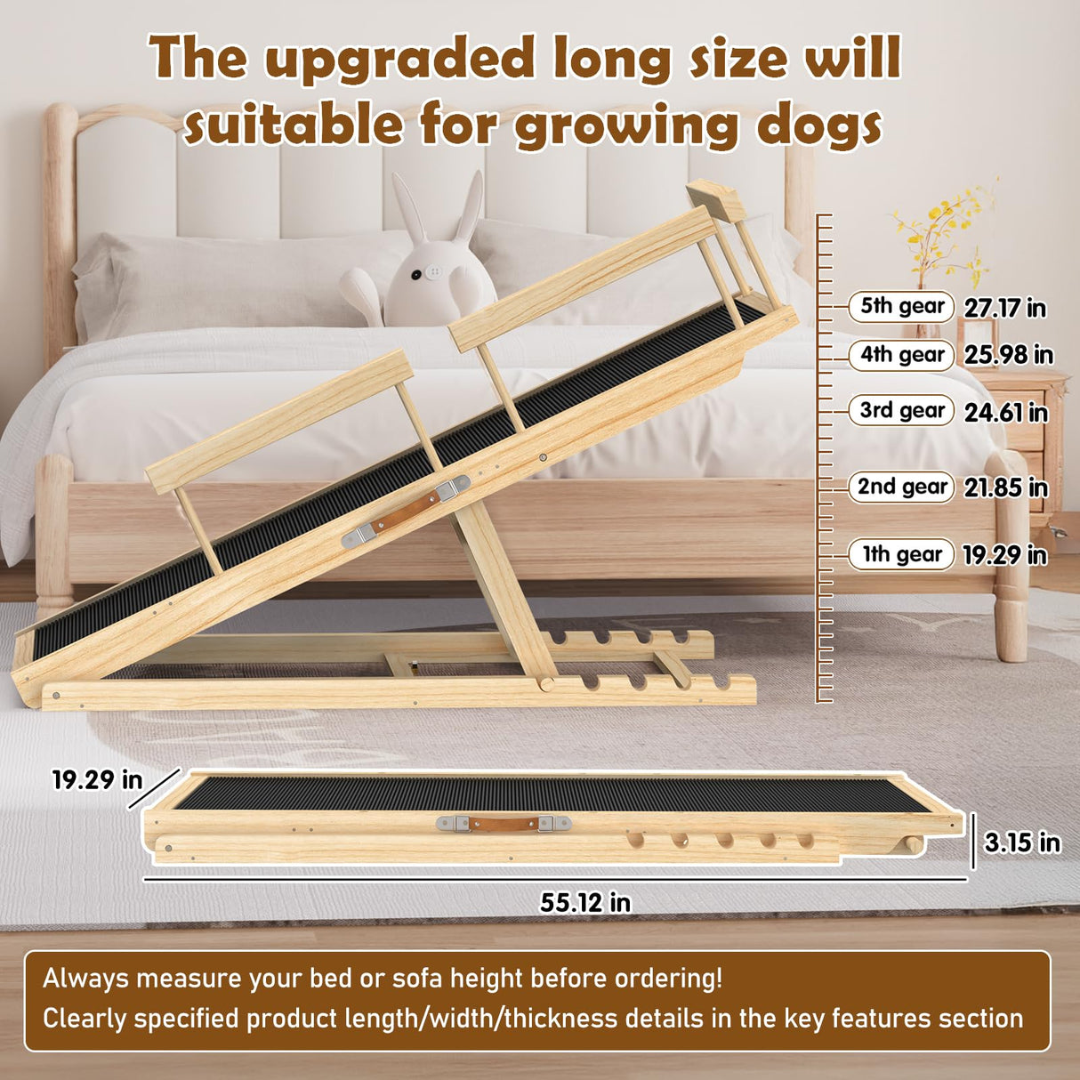 55.11" Adjustable Dog Ramp for Bed - Upgraded Wooden Pet Ramp with Non-Slip Silicone Surface and Side Rails, 6 Height Settings (19.68-27.55"), Holds Up to 250lb, Pet Stairs for Senior & Large Dogs