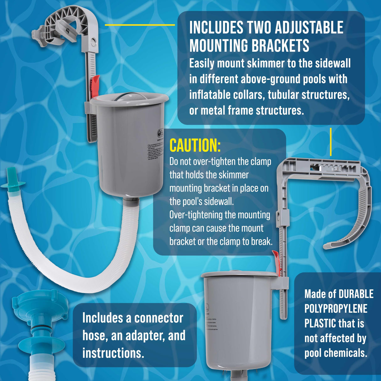 U.S. Pool Supply Pool Skimmer - Above Ground Pool Skimmer, Floating Pool Surface Skimmer, Pool Accessories - Clean Debris Basket, Wall Mount, Attaches to Inflatable Collars, Tubular and Metal Frames