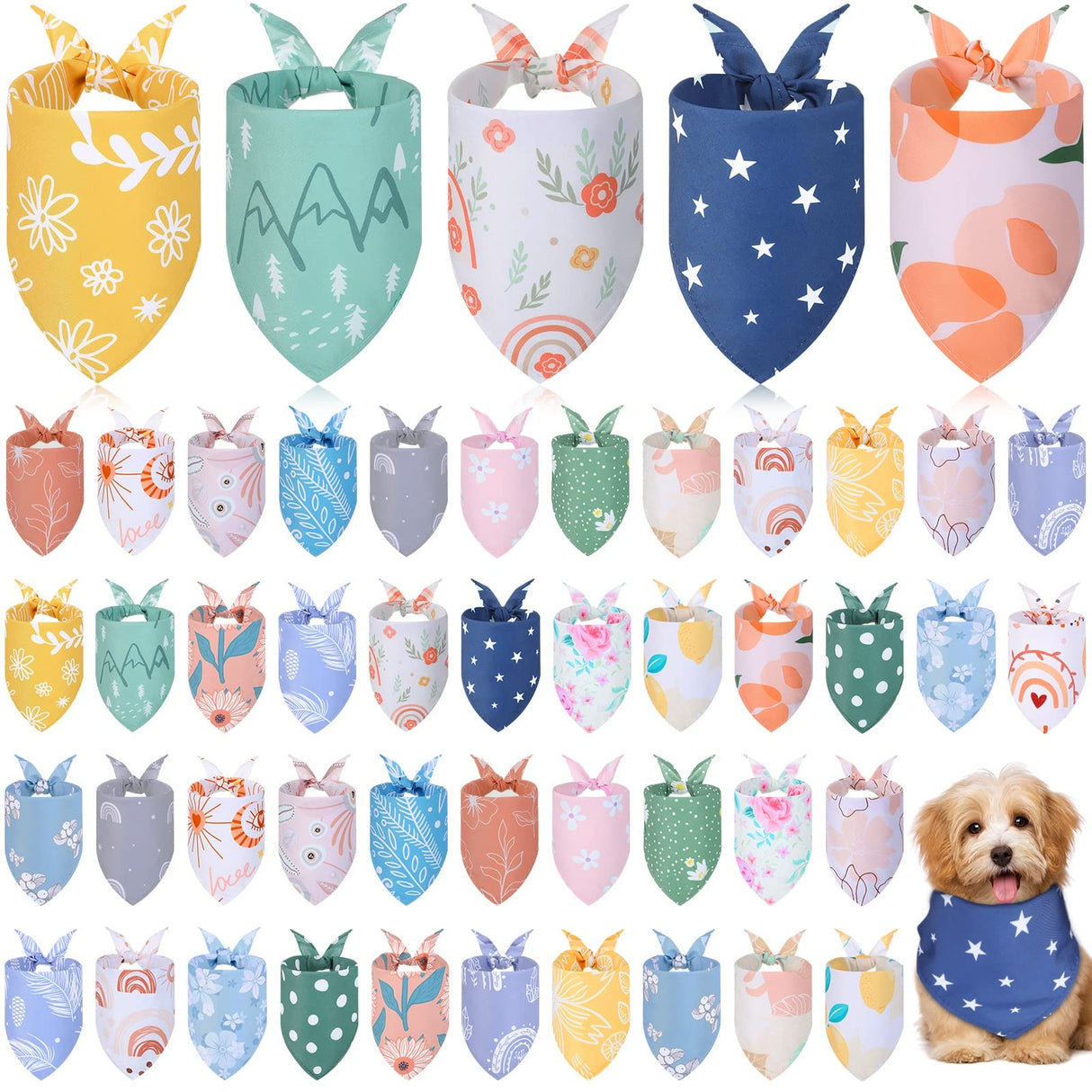 Amylove 50 Pcs Spring Dog Bandanas Bulk Puppy Floral Dog Bibs Holiday Washable Scarf Pets Triangle Head Scarfs Bandanas Pet Costume Outfit(Flower,Small)