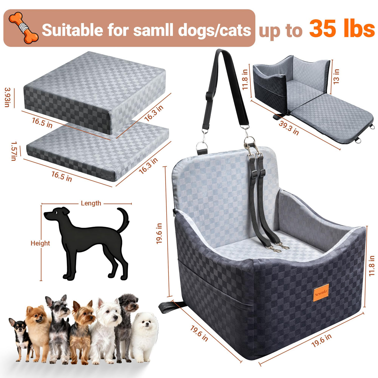 Newmkr 2 in 1 Dog Car Seat Bed for Small/Medium Dogs Up to 35 lbs, Travel Dog Booster Seat with Memory Foam Thick Cushion, Safety Belts&Storage Pockets, Removable Washable Bed Fits Front or Back Seat