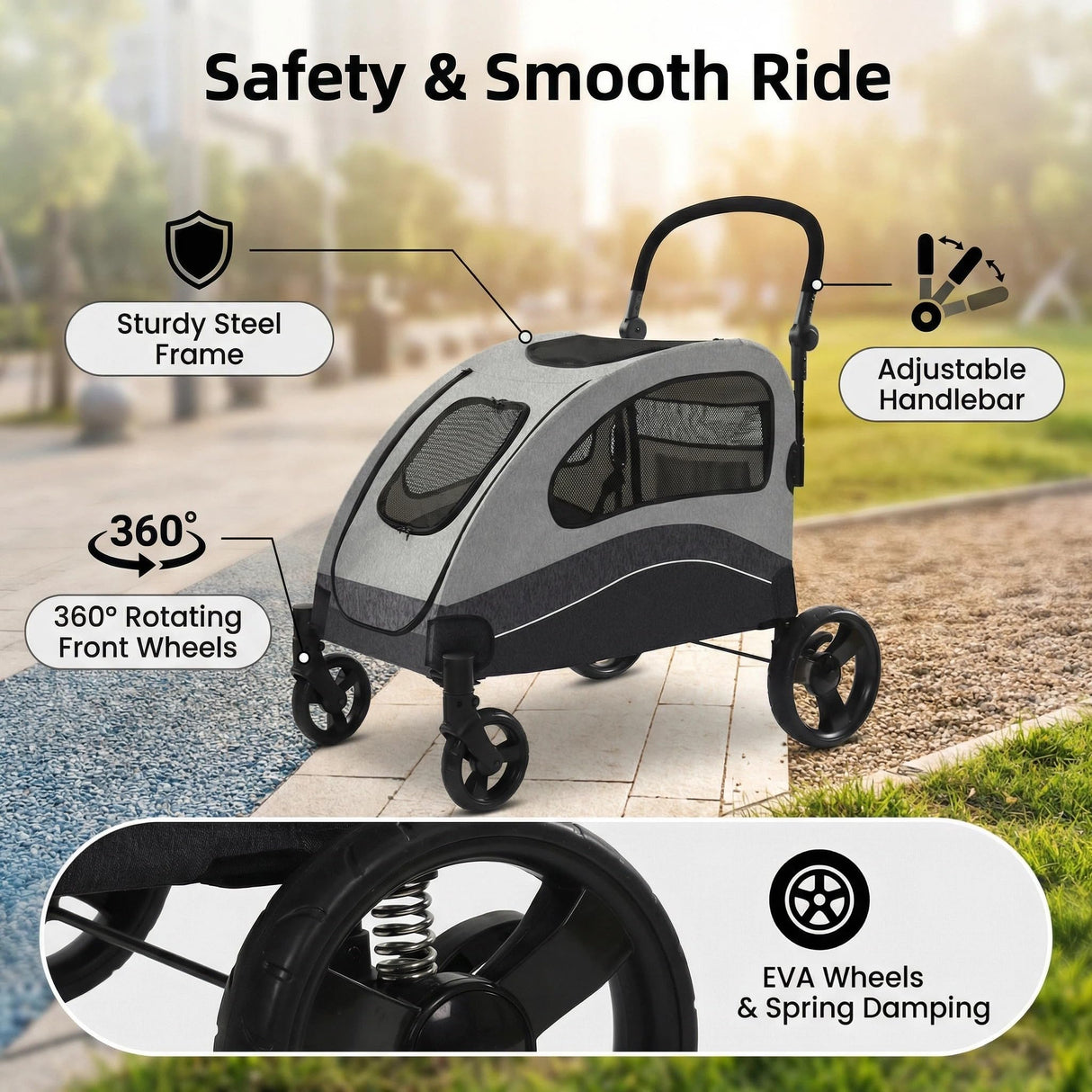 Garvee Extra Large Dog Stroller with Steel Pipe Frame, Wheels, Brakes, Shock Absorption, Foldable Design - Black