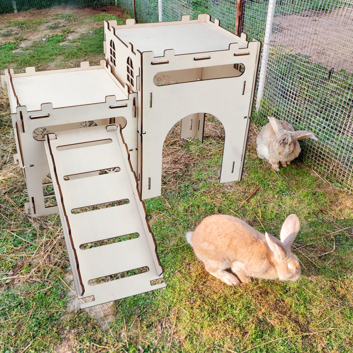 Rypet Large Wooden Rabbit Castle Bunny House, Sturdy Wood Bunny Castle with Stair, Detachable Rabbit Hideaway Breathable Small Animal Indoor Playhouse for Rabbits Hamster Guinea Pig Chinchilla Ferret