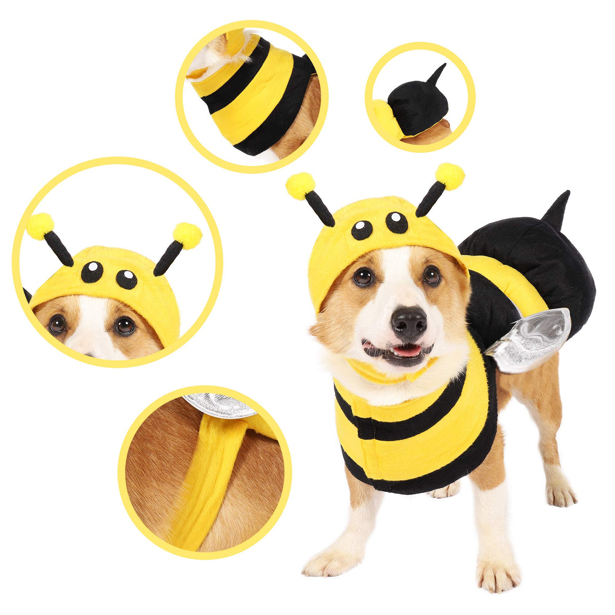 Spooktacular Creations Pet Dog Bee Costume with 3D Bee Hat, Silver Wings for Halloween Dress-up Party, Role Play, Carnival Cosplay, Holiday Decorations Clothes (X-Large)