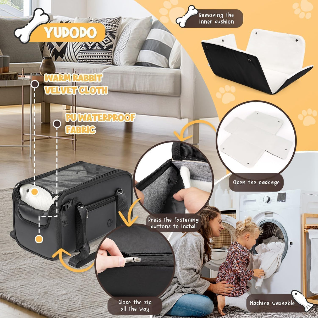 YUDODO 10-18lbs Large Console Dog Car Seat (Width>9in) Fits Truck & SUV, Luxury Puppy Cat Travel Portable Booster Seat with Removable Velvet Cushion, Anti-Slip Pet Car Bed Carseat PU Leather Black
