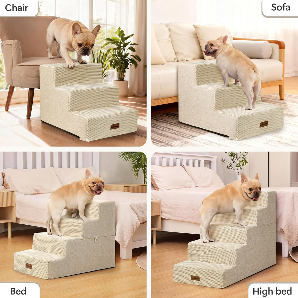 Aodisman Pet Stairs for High Bed, 5-Step Dog Stairs for Small Dogs, Indoor Non-Slip Dog Steps for Old Cats, Puppy, Small Medium Dogs,22.6" H,Beige