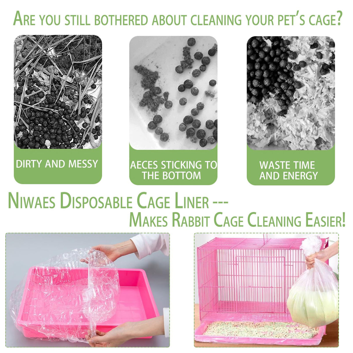 Niwaes 50Pcs Large Rabbit Cage Liner Disposable Bunny Cage Liner Bag 34'' X 22''- Clear Elastic Pet Toilet Film Small Animal Tray Covers for Bunnies Ferrets Chinchillas Birds - Leak Proof & No Mess
