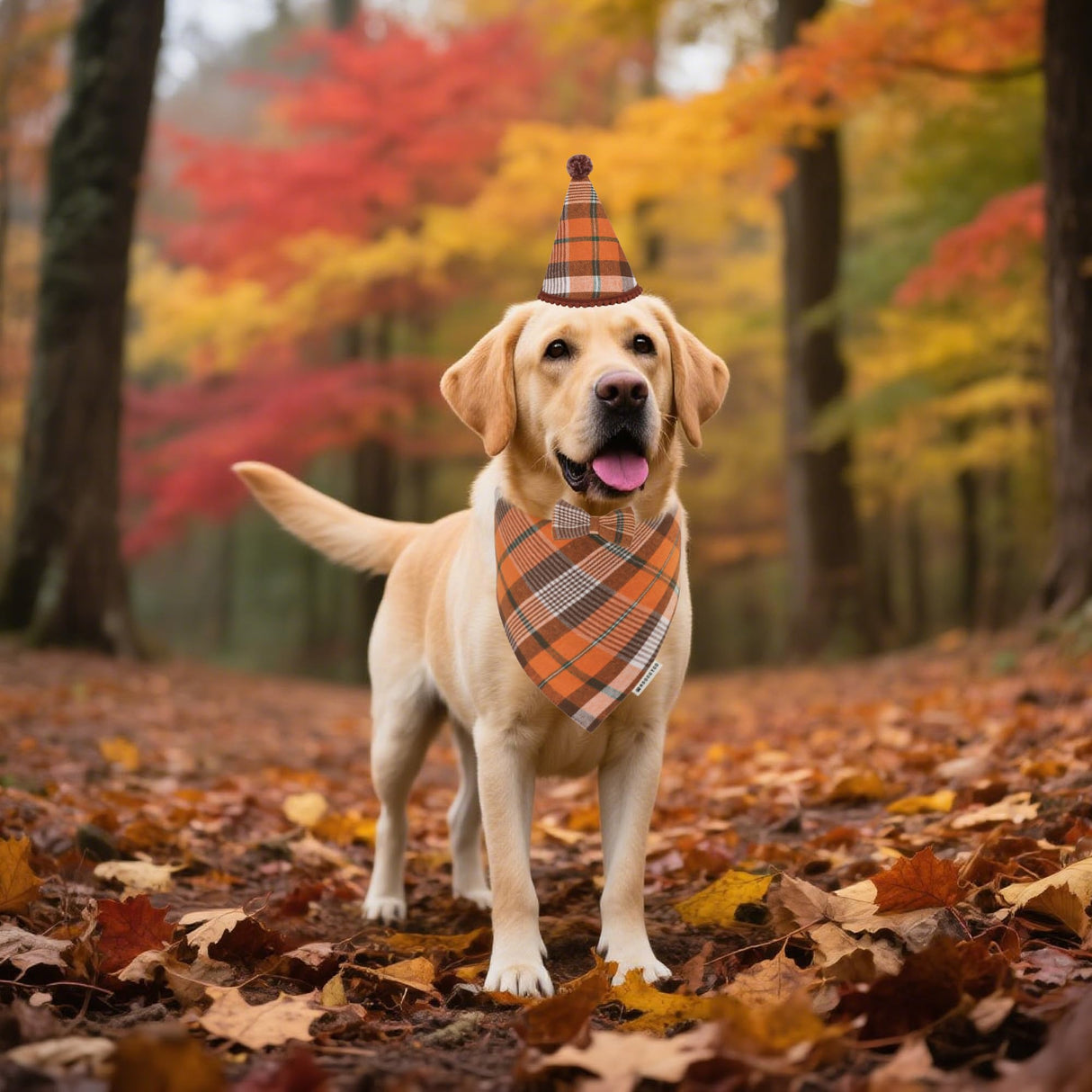 ADOGGYGO Fall Dog Bandana Hat Bow Set - Stylish Orange Plaid Fall Thanksgiving Halloween Costume Outfit for Extra Large Dogs (X-Large)