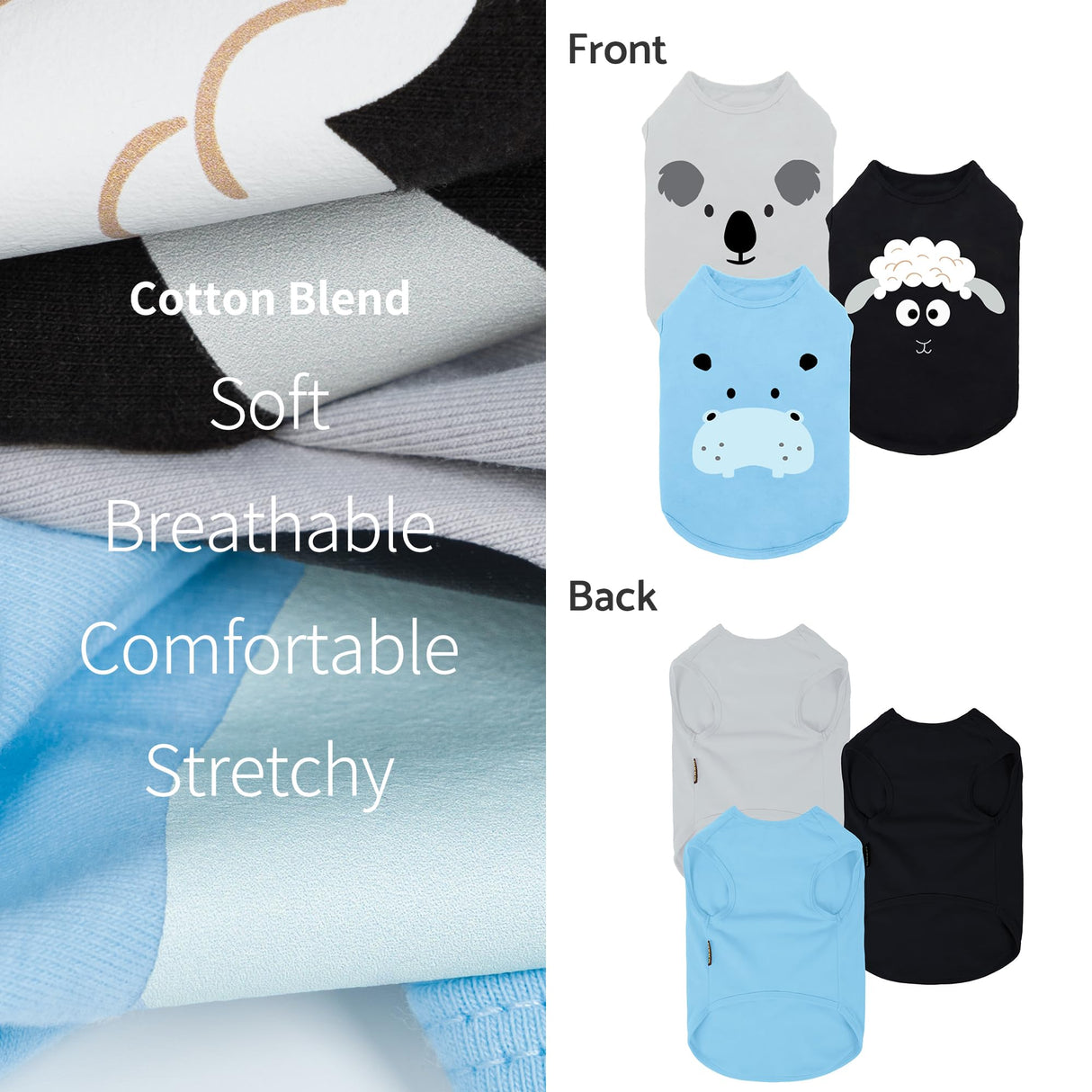 Fitwarm 3 Pack Hippo Sheep Koala Dog Shirt, Summer Clothes for Small Dogs Boy Girls, Funny Pet Outfit, Black, White, Gray, Blue, XS
