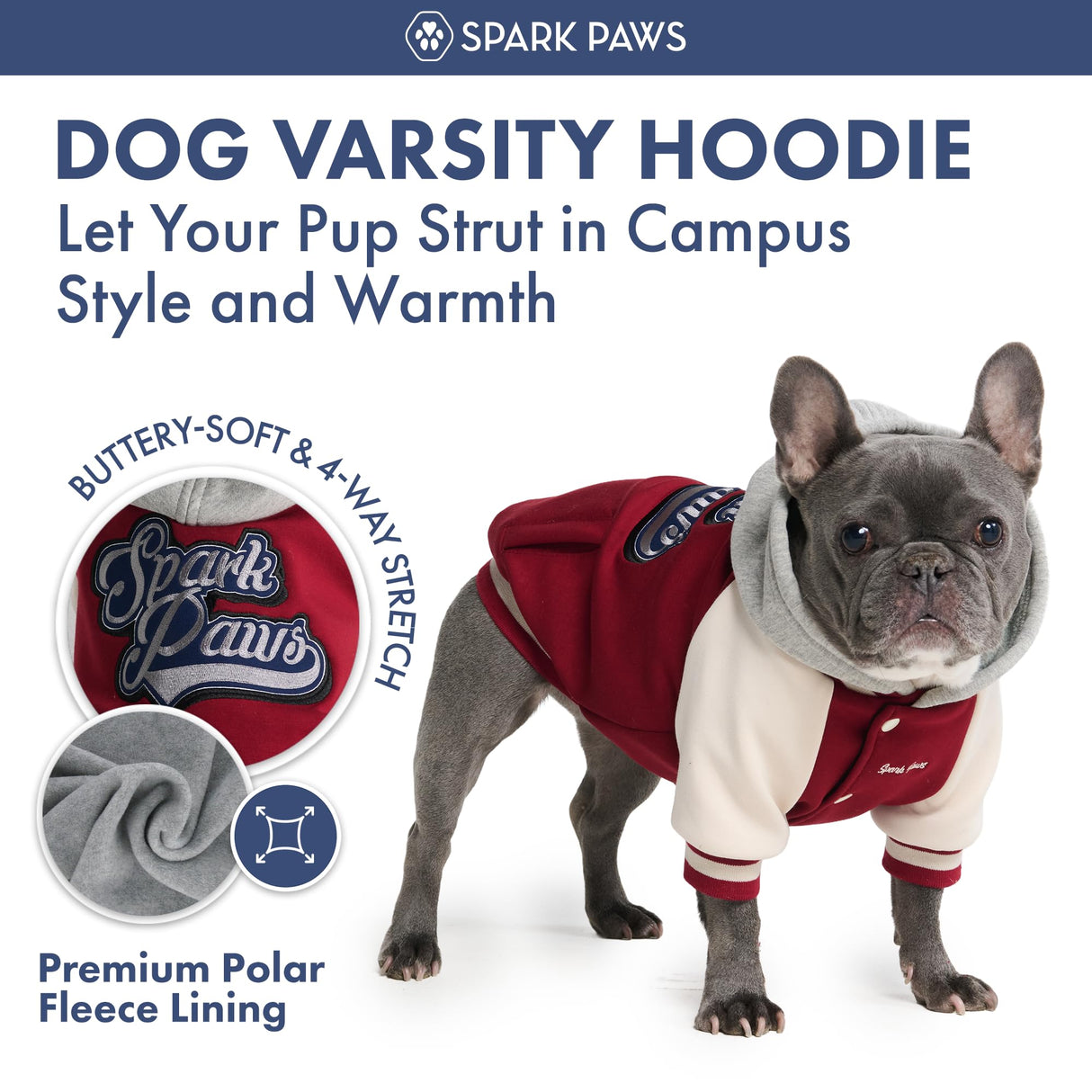 Spark Paws Varsity Dog Hoodie – Premium Dog Sweater for Small, Medium, and Large Dogs | Warm Clothes for Pets, Winter Jacket Alternative - Red - M