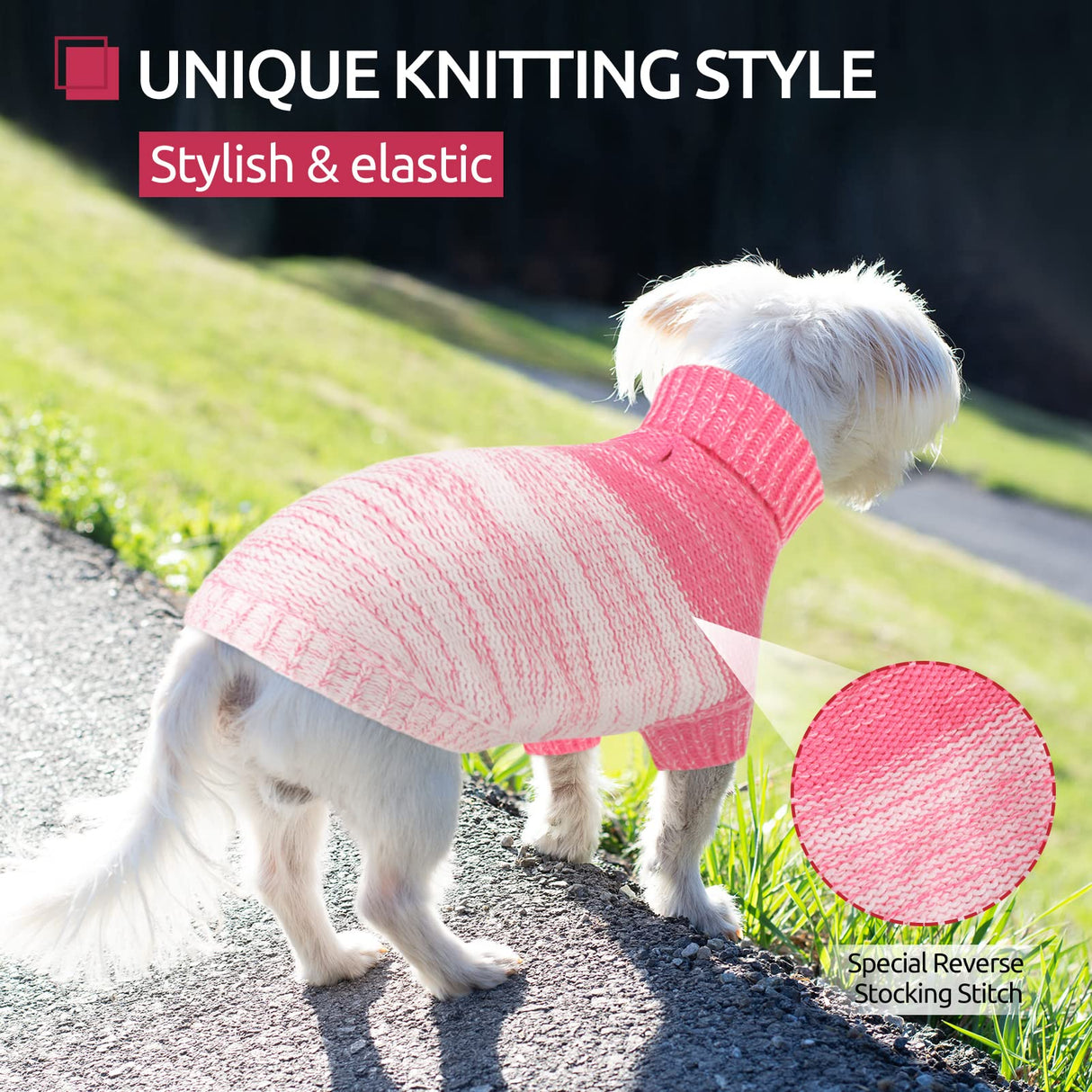 Queenmore Knitted Pullover Dog Sweater, Turtleneck Pet Cat Sweater, Cold Weather Puppy Clothes Stitching Knitwear with Leash Hole for Small Medium Dogs(Pink,XS)
