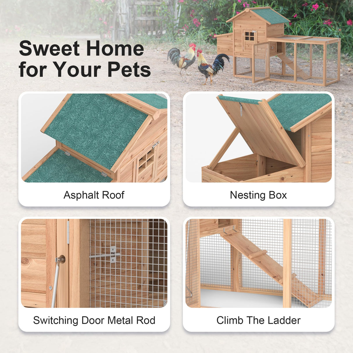 Outdoor Chicken Coop for 2-4 Chickens Wooden Hen House Poultry Pet Hutch Run Cage w/Waterproof Asphalt Roof, Ramp, Nesting Box, Wire Fence (80")