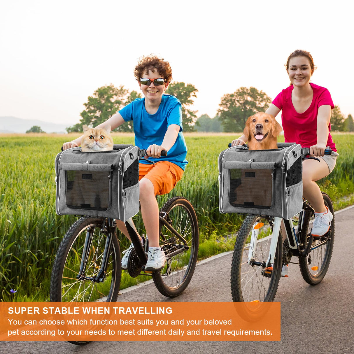 Xixter Dog Basket for Bike, Suitable for Small & Medium Pet Up to 7 kg, Foldable 4-in-1 Pet Bike Basket, Crossbody, Shoulder and Car Seat, with Sturdy Bracket and 4 Mesh Windows, Gray