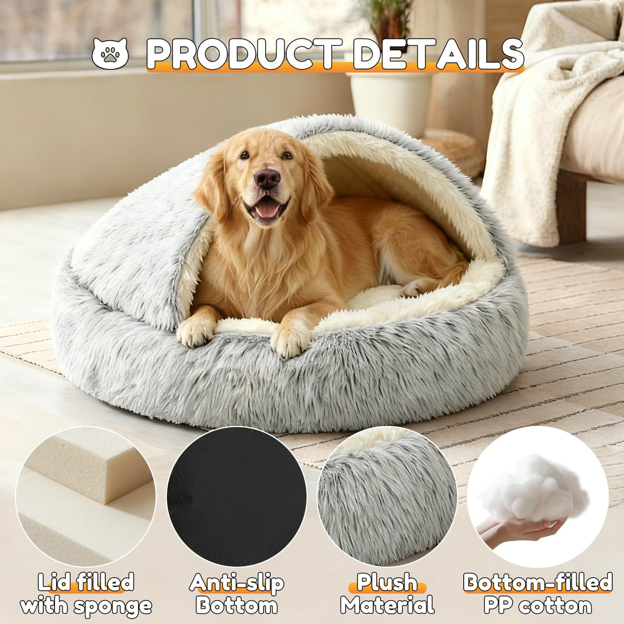 SUOXU 2-in-1 Dog Bed: Upgraded Aluminum Rim Support & Non Slip Bottom - Cozy Cave + Blanket for Large Medium Dogs Under 20 kg (44 lbs) | Plush Self-Heating for Border Collie, Labs