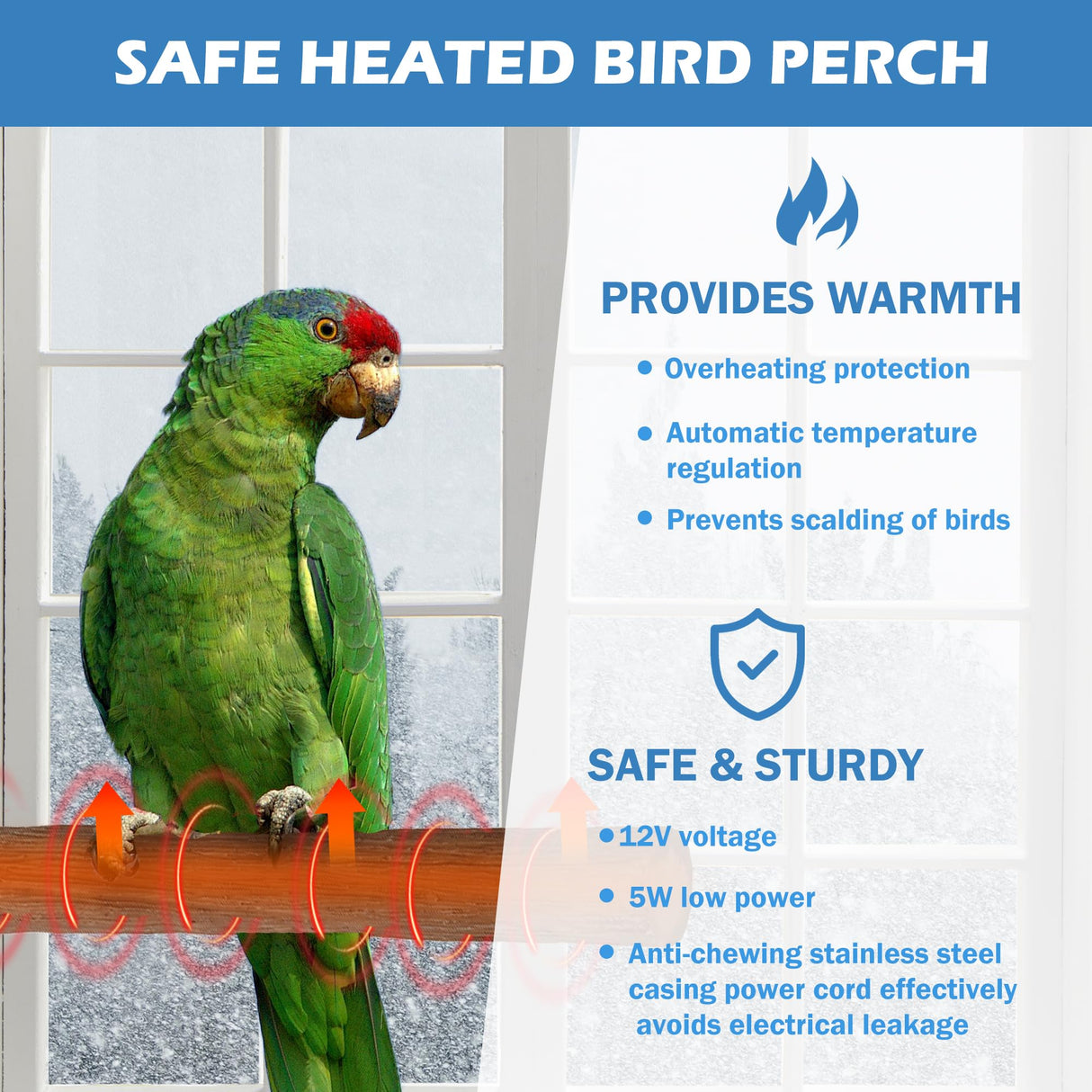 Heated Bird Perch Birdcage Heater Birds Warmer for Cage Adjustable Temperature Winter Birds Heater for Parrots Conure Cockatiels Parakeets Small Bird