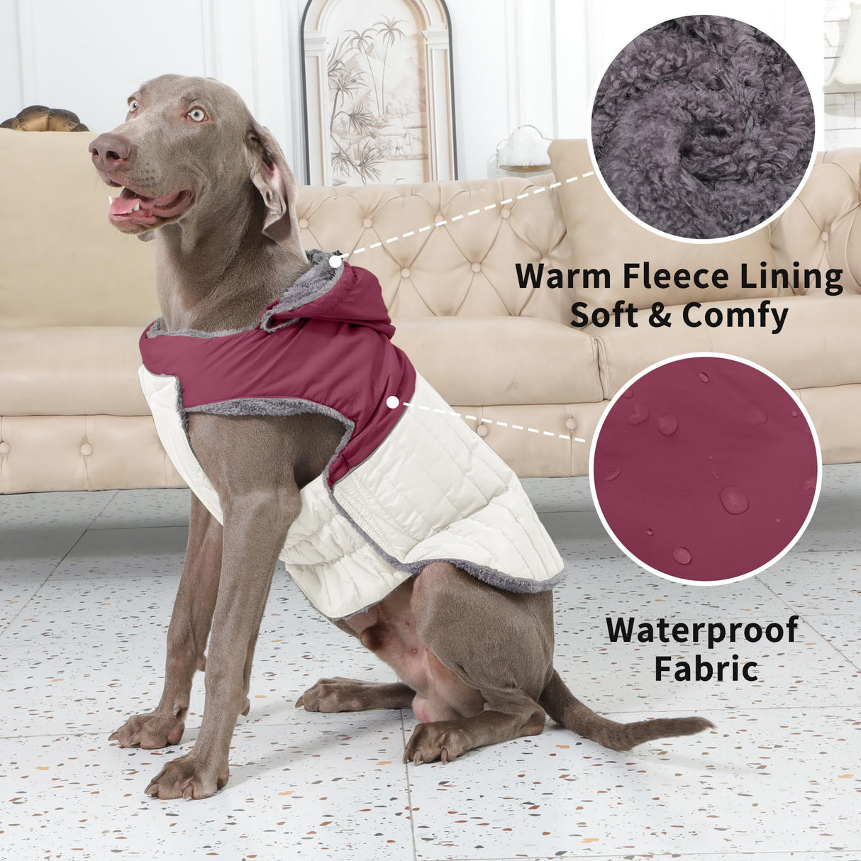 JoyDaog Detachable Hooded Dog Coat with Harness for Large Dogs,Super Warm Fleece Puppy Jacket for Cold Winter Doggie Coats,Red XXXL