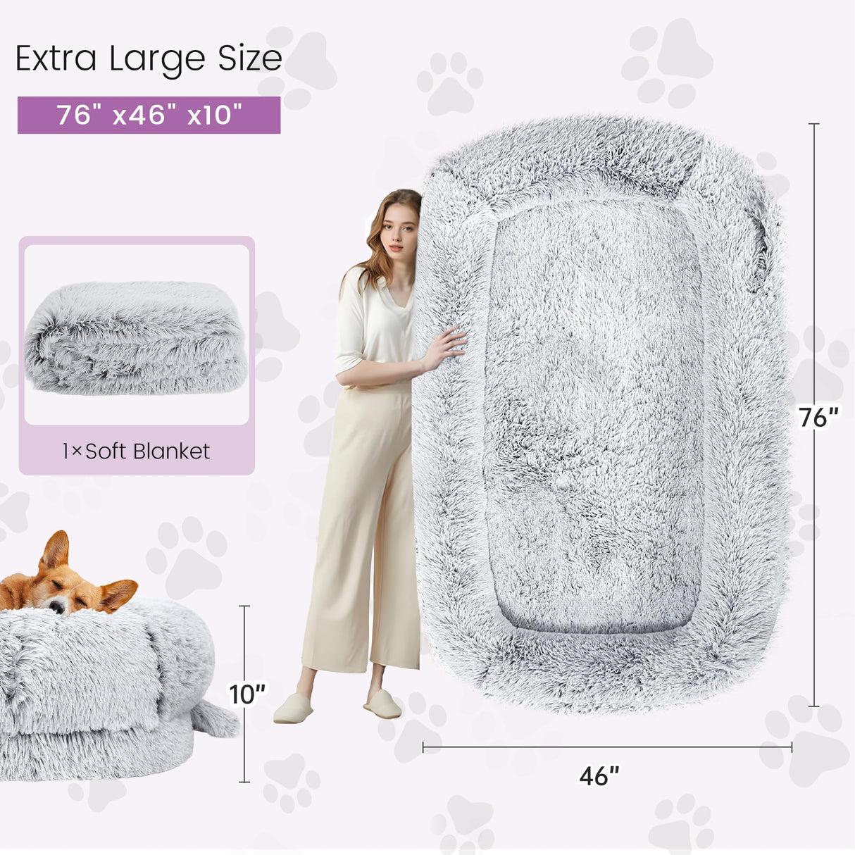 Murago Human Dog Bed for Adults, 75"x43"x10" Human Size Dog Bed, Orthopedic, Waterproof Removable Washable Cover, Soft Calming Lounger for People & Pets, Light Grey