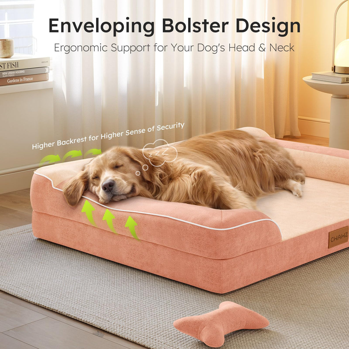 CWAWZ Extra Large Dog Bed, Orthopedic Dog Bed with Cooling Gel Memory Foam, Waterproof XL Pet Bed with Removable Washable Cover, 42" Pet Sofa Couch Dutch Velvet with Bone Toy, Peach Pink