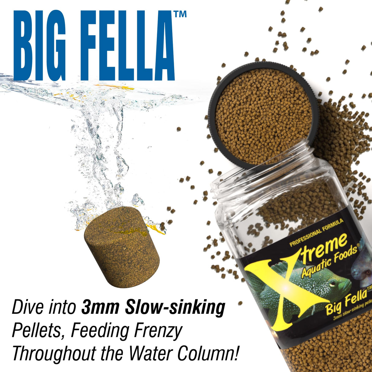 Xtreme Big Fella 3.0mm Pellets: Professional Nutrition for Medium to Large Cichlid/Community Fish - Boost Immune & Digestive Health, Color & Energy, Max Protein Fish Food β USA Farm Grown (20oz)