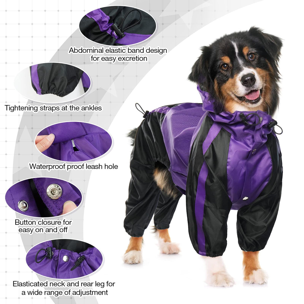 OUOBOB Dog Raincoat, Waterproof Dog Rain Coats for Large Dogs, Lightweight Rain Jacket, Adjustable 4 Legs Pet Poncho with Hood, Snow-Proof Dog Vest Rainwear, Rain Clothes Apparel with Leash Hole