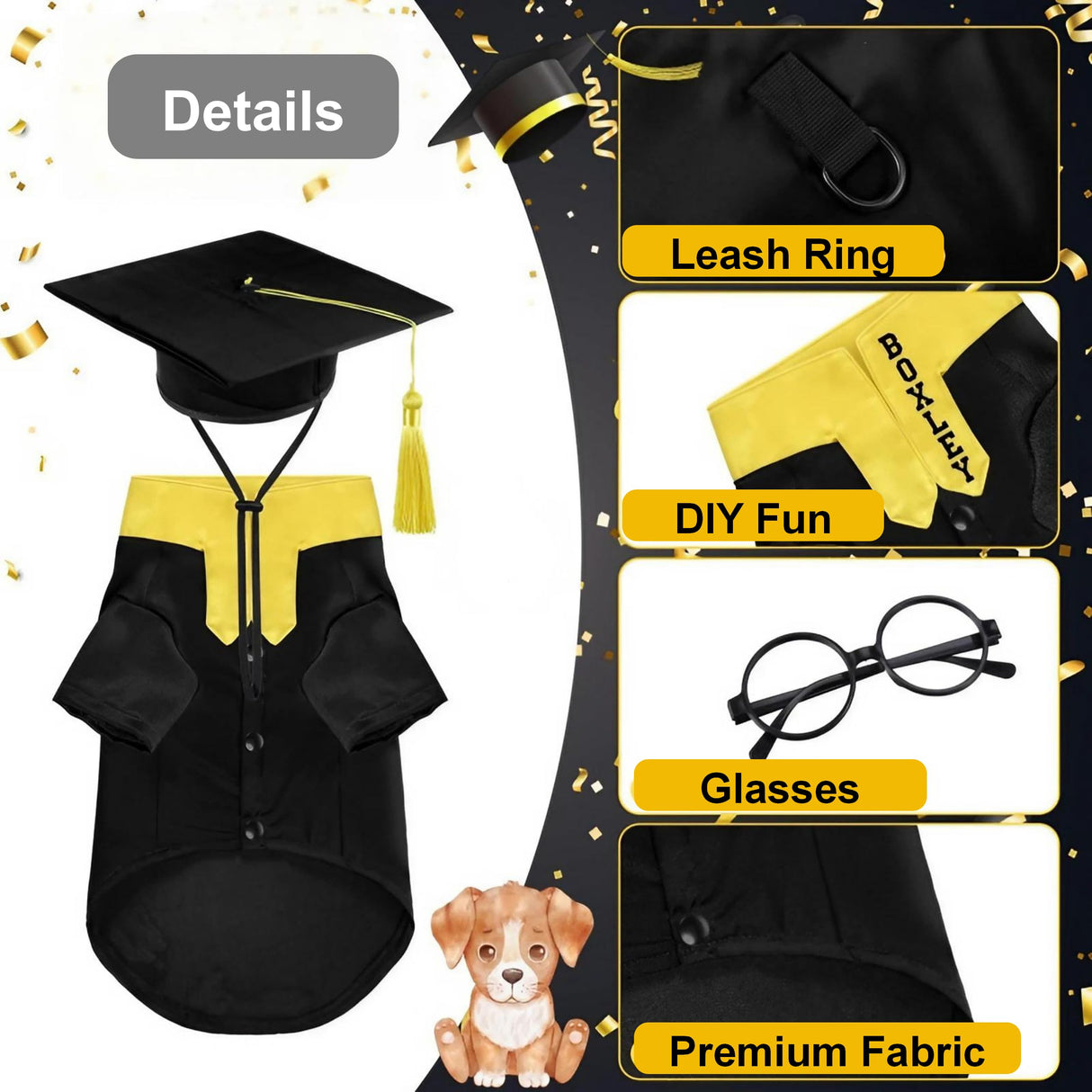 Dog Cat Graduation Costume Set 5Pcs Pet Graduation Gown Stole Puppy Grad Cap Lensless Glasses DIY Letter Stickers for Christmas Halloween Holiday (Noble Purple, Small)