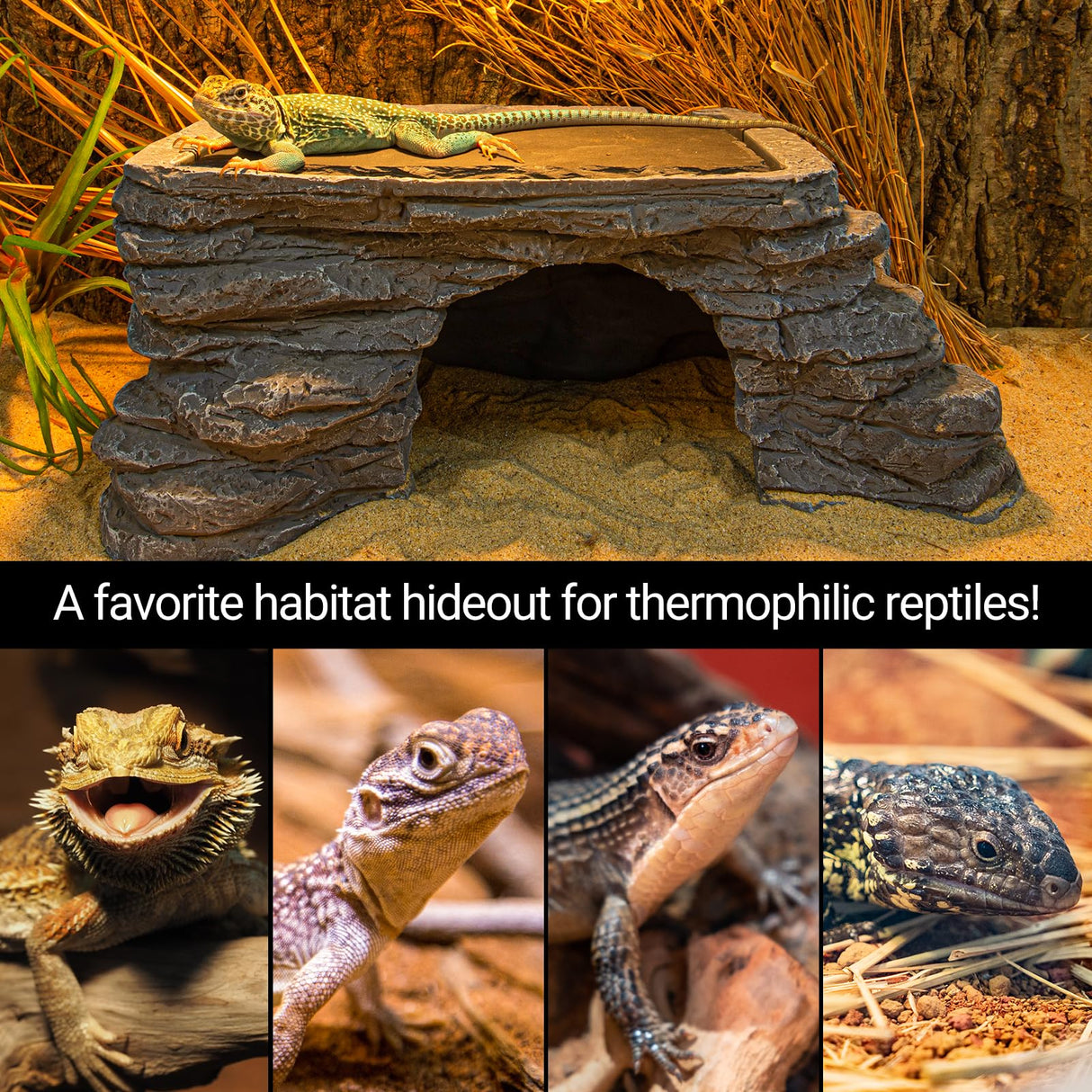 REPTI ZOO Large Bearded Dragon Basking Platform, 12.5x7x5 inch Gecko Hide Cave with Heat Storage Slate Stone, Reptile Basking Rock Climing Hideout for Leopard Crested Gecko Lizard Turtle