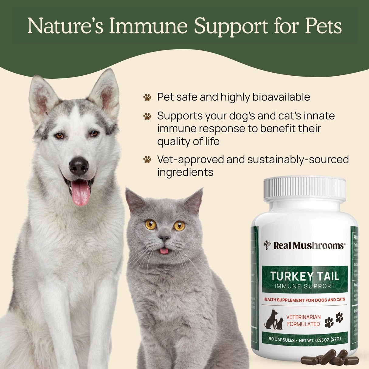 Real Mushrooms Turkey Tail Capsules for Pets –Cat Probiotics & Dog Vitamins – Organic Mushroom Supplement for Dogs & Cats – Supports Daily Balance & Well-Being Non-GMO, 90 ct