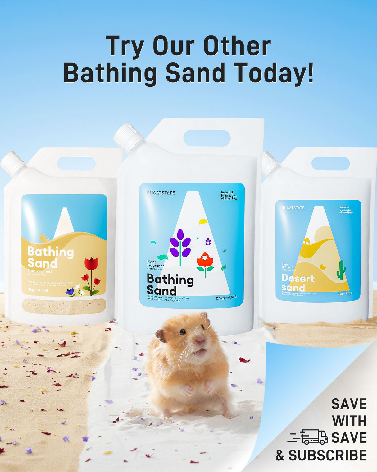 BUCATSTATE Hamster Sand, No-Dust 6.6LB Chinchilla Dust Bath with Pour Spout, 100% Natural Desert Bathing Sand for Syrian Hamster Gerbil Rat Mice Small Animals (Flower Smell)