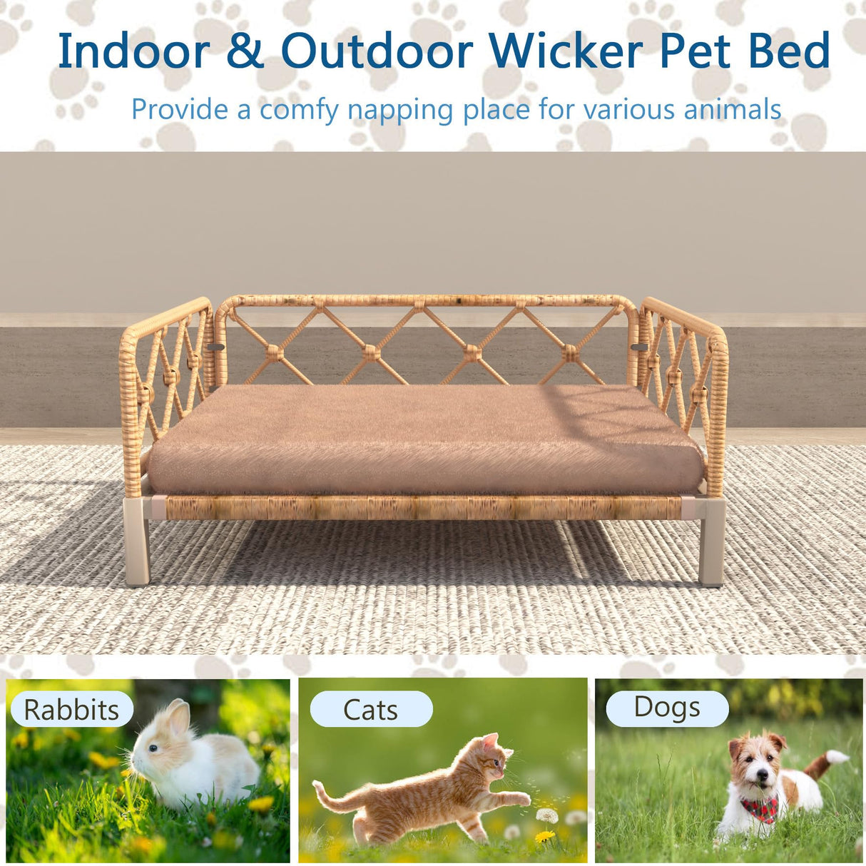 wallowsun Wicker Dog Bed with 2" Cushion,Rattan Dog Sofa Bed for Small Medium Dogs– Indoor/Outdoor Metal Frame Pet Bed up 66lbs (Brown Rattan Brown Cushion)