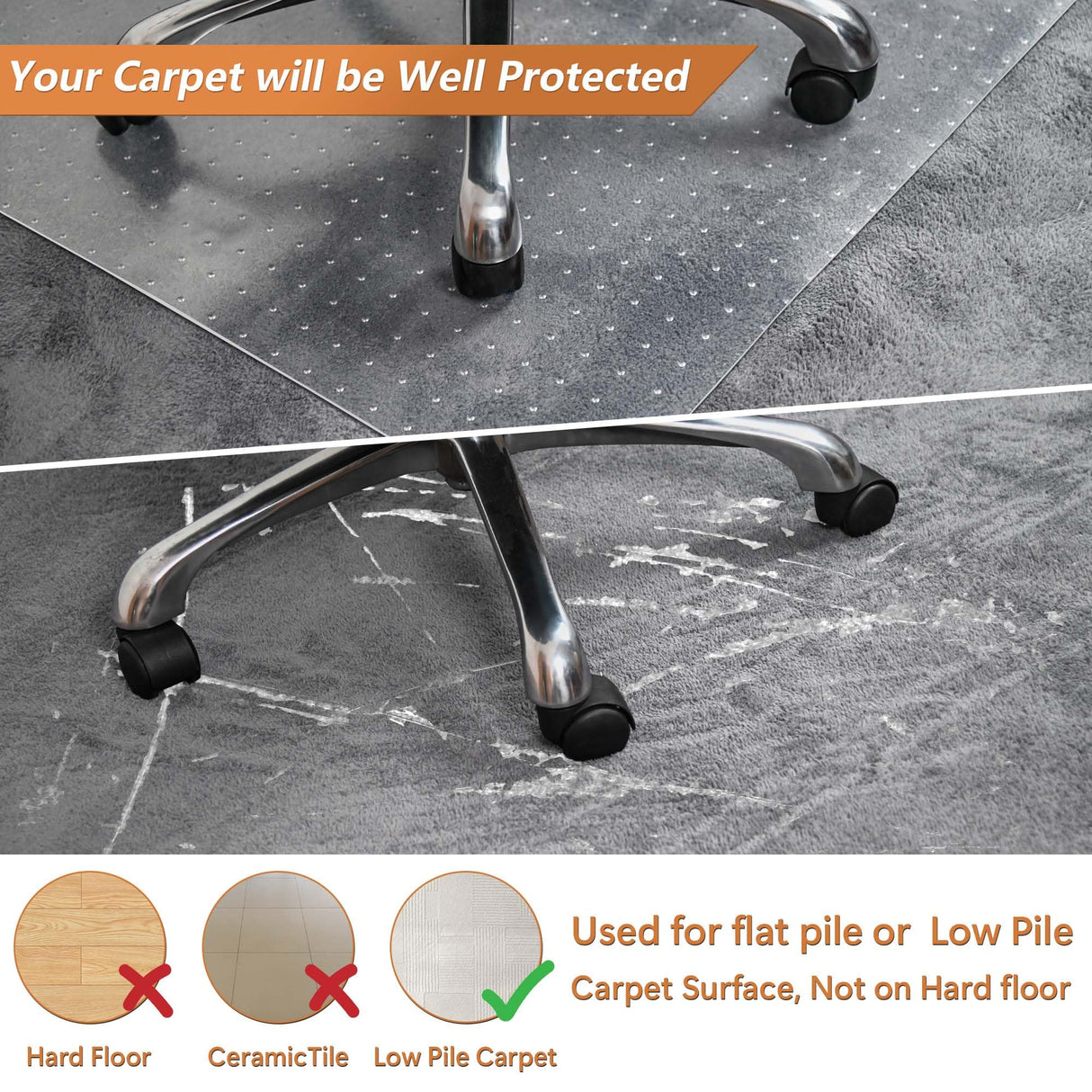HOMEK Office Chair Mat for Carpet, 46" x 60" Studded Desk Chair Mat for Low Pile Carpeted Floors, Transparent Carpet Protector Mat for Office Chairs