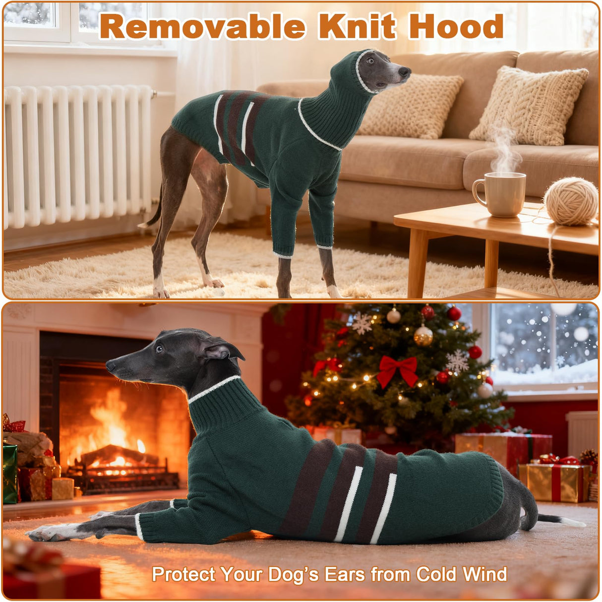 DENTRUN Greyhound Dog Sweater Medium with Detachable Hood - Warm Winter Knit Hoodie for Long Neck Dogs, Turtleneck Cold Weather Clothes with Leash Hole for Whippet, Saluki, Afghan Hound, Borzoi
