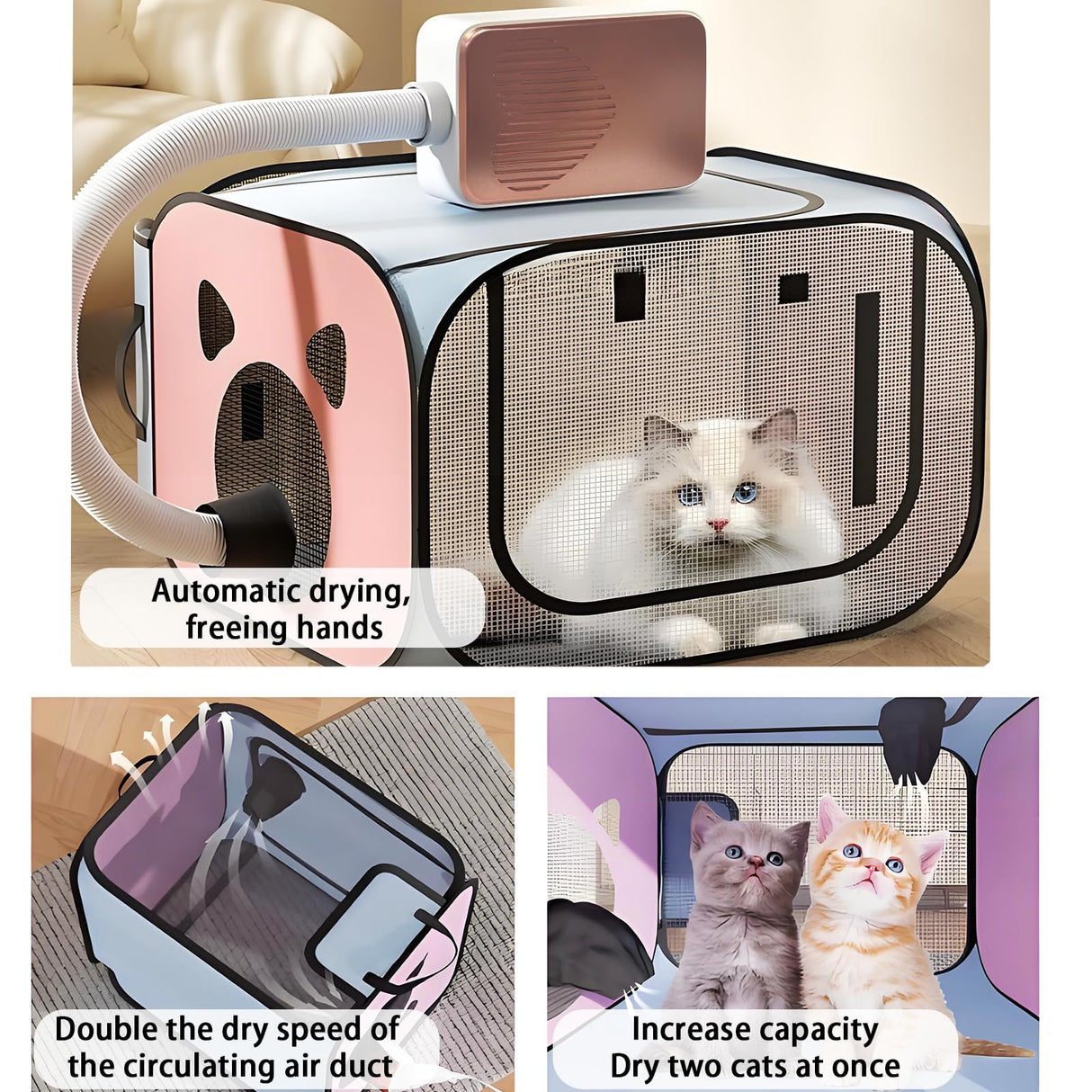 Yehenarn Pet Dryer with Pet Dryer Box 108L and Pad, Hands-Free, Ventilation and Circulation, Anti Hair Flying, Foldable Low Noise ldeal for Drying Cat and Dog Hair