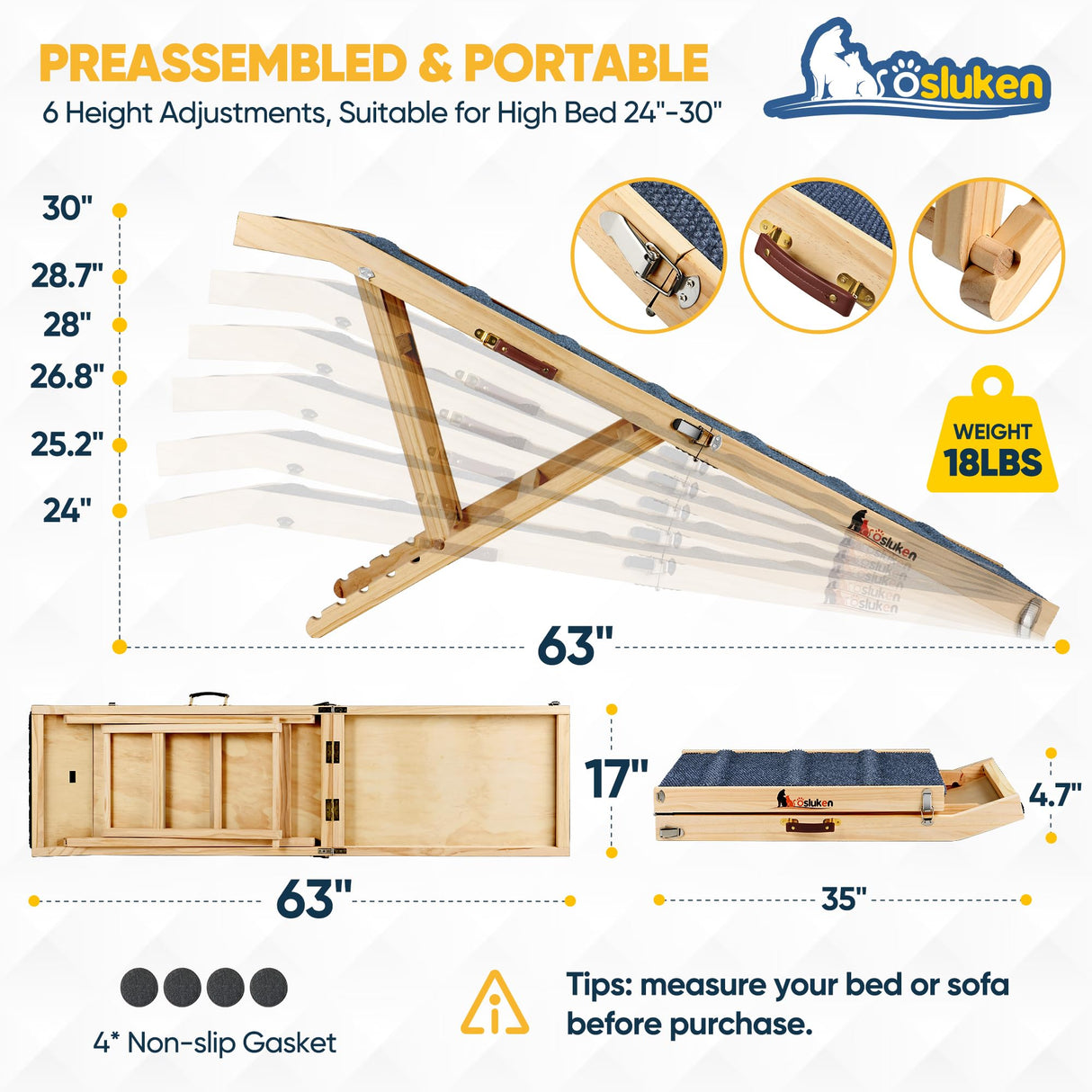 Dog Ramp for Bed, L63 W17 Foldable Pet Ramp for Small Large Dogs Cats, Dog Ramps for High Beds Car, High Traction with Platform 6 Adjustable Heights 24" to 30" Up to 220LBS, Wood (Wood, 63"X 17")