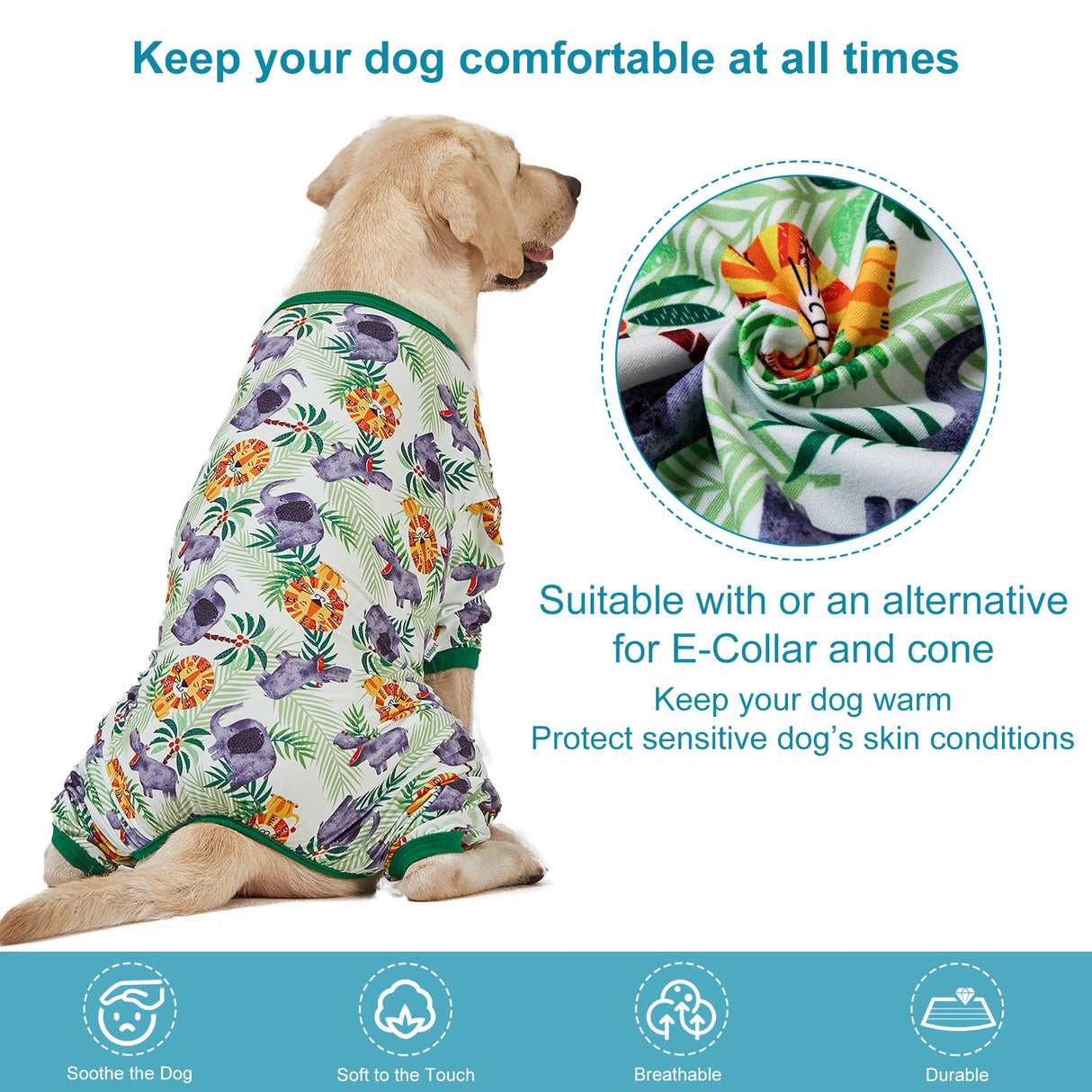 LovinPet Large Dog Pajamas Onesie: Lightweight Stretchy Knit Pullover Large Breed Jammies, Big Hippo Green Print, Wound Care/Post Surgery Dog Shirt, UV Protection, Pet PJ's, Dog Onesie/L