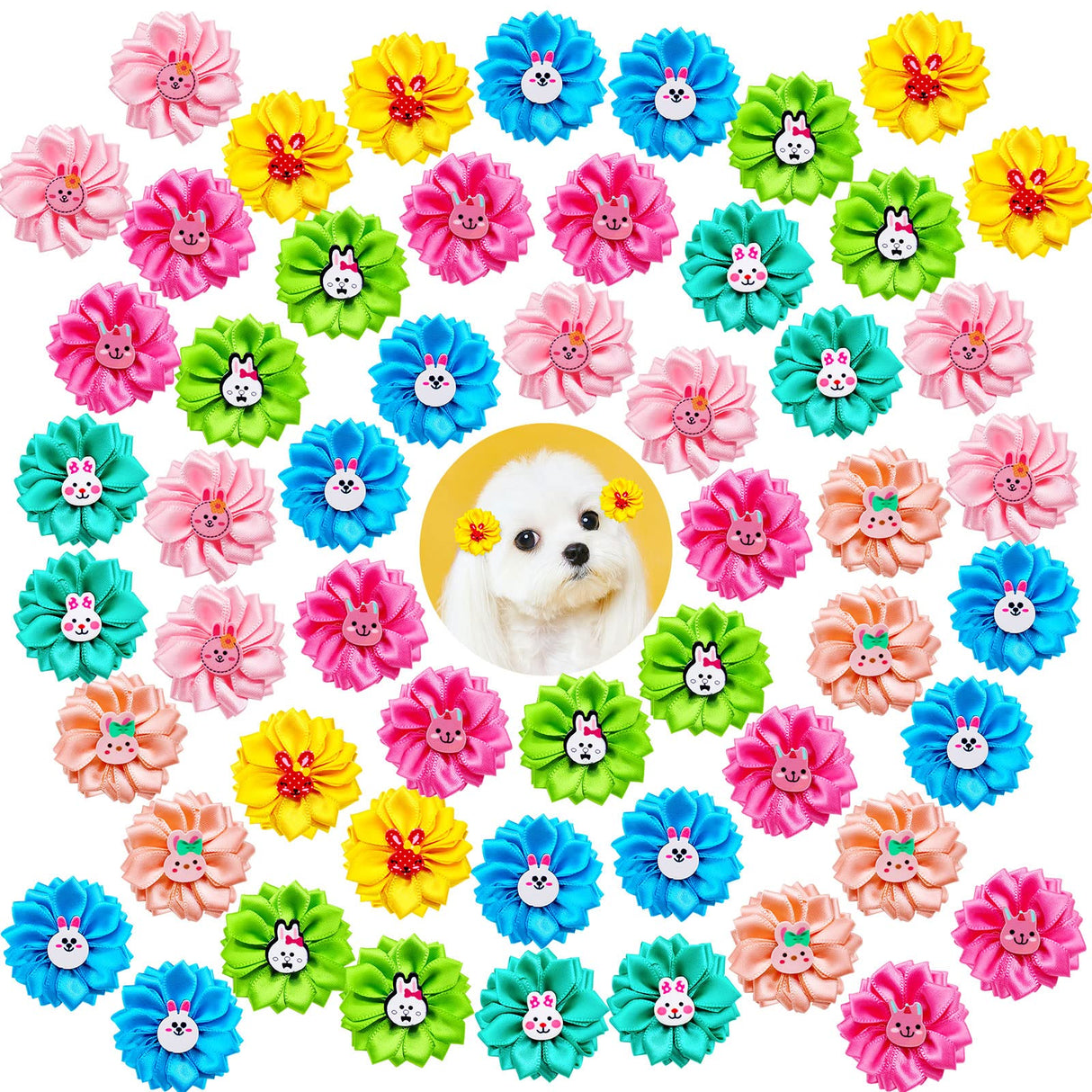Mruq pet 80pcs Dog Flower Bows, Bulk Holiday Small Dog Hair Bows with Rubber Bands, Mix Cute Bunny Pattern Puppy Dog Bows for Festival Pet Dog Cat Hair Grooming Accessories