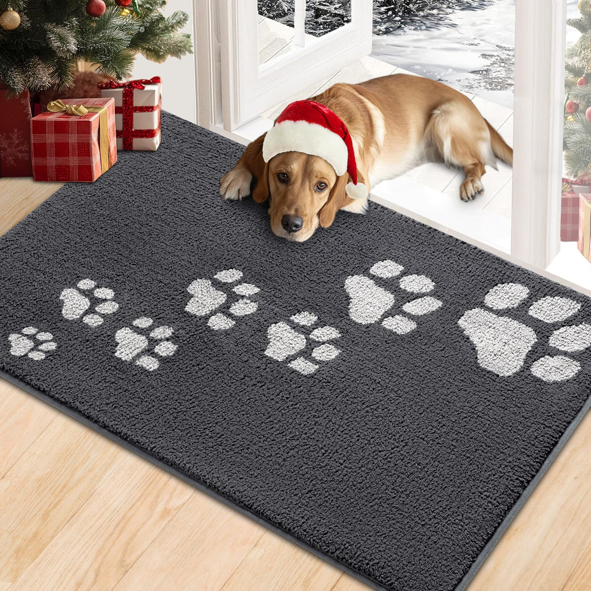 Timo Dog Door Mat for Muddy Paws, 32"x40" Super Absorbent Dog Mats for Indoor Outdoor, Low-Profile Washable Entryway Rug, Non-Slip Rubber Backing Front Door Mat, Grey