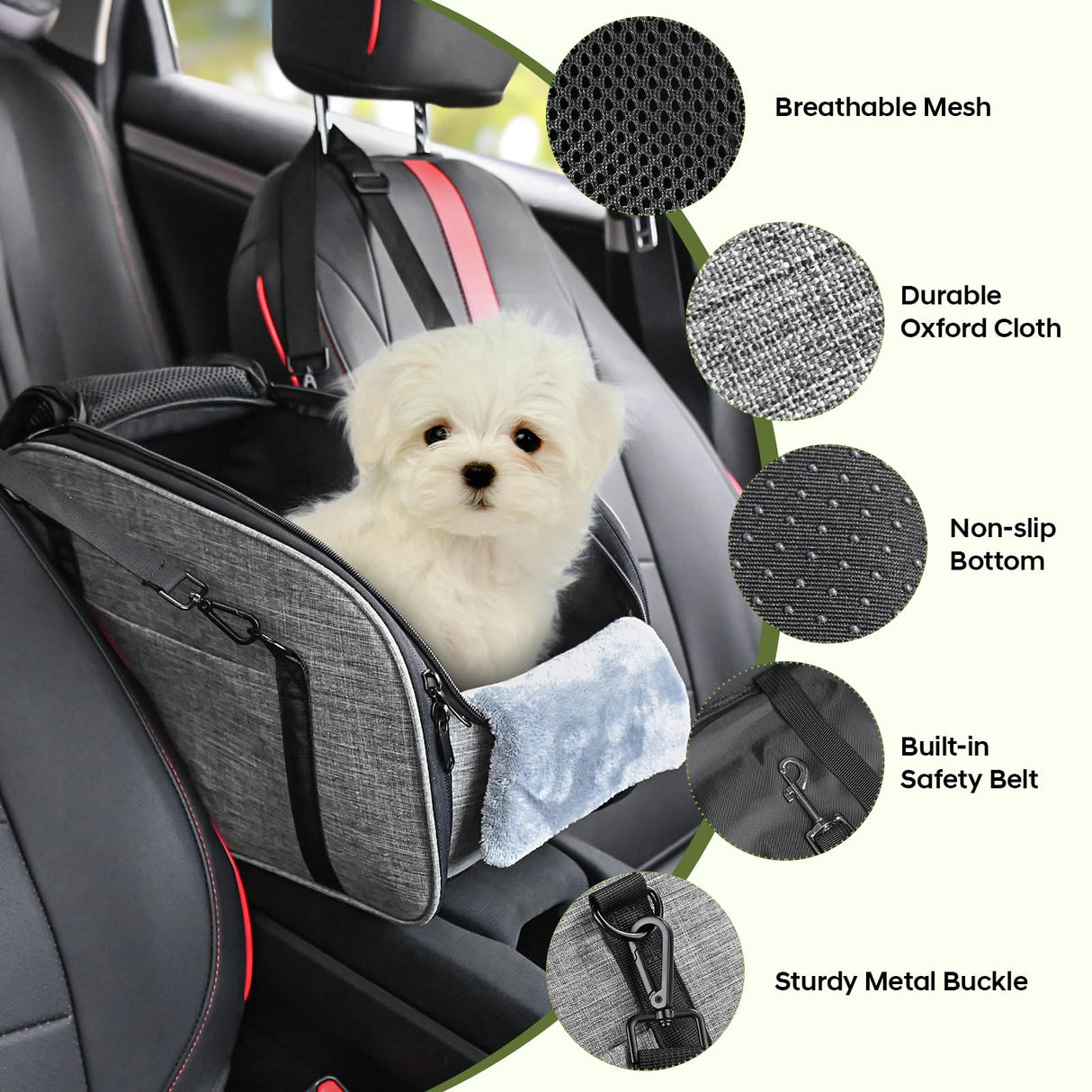 Petzauber Dog Car Seat for Small Dog - Center Console Dog Car Seat with Double Protection Safety Belt and Non-Slip Bottom, Portable Pet Booster Seat with Washable Cushion & Storage Pocket, Grey