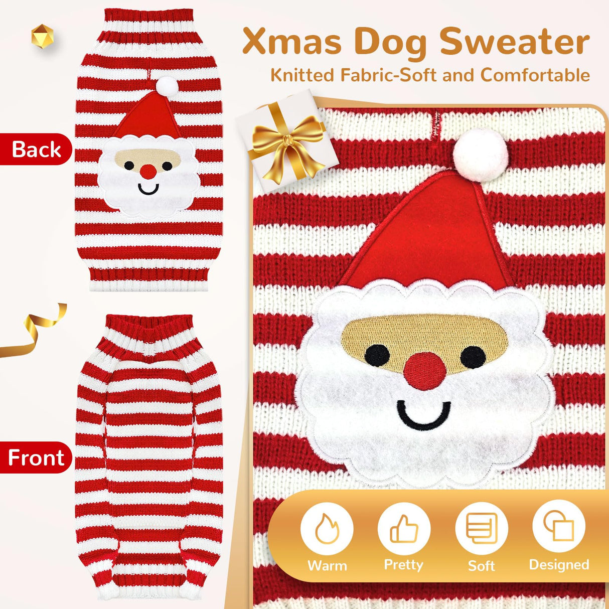 BAEJMJK Dog Christmas Sweater Striped Xmas Holiday Dog Clothes Warm Turtleneck Pet Puppy Outfits Costume Fall Winter Knit Pullover for Small Medium Large Dogs(Red Santa,XX-Large)