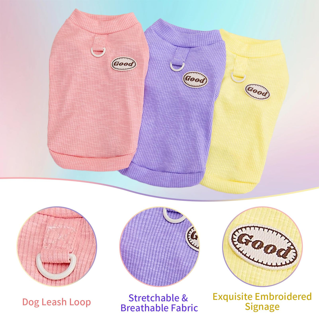 LyssKMK 3Packs Dog Cotton T-Shirt Dog Summer Short Sleeves Puppy Shirts Breathable Pet Vest Clothes with D-Ring for Small Medium Large Dogs Cats Kittens (Yellow Purple Pink) M
